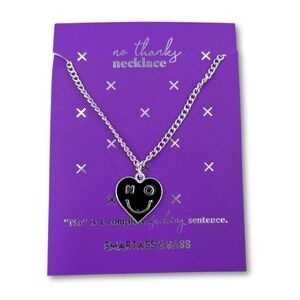 No Smiley Face Heart Necklace 18" + 2" Extender Silver Tone